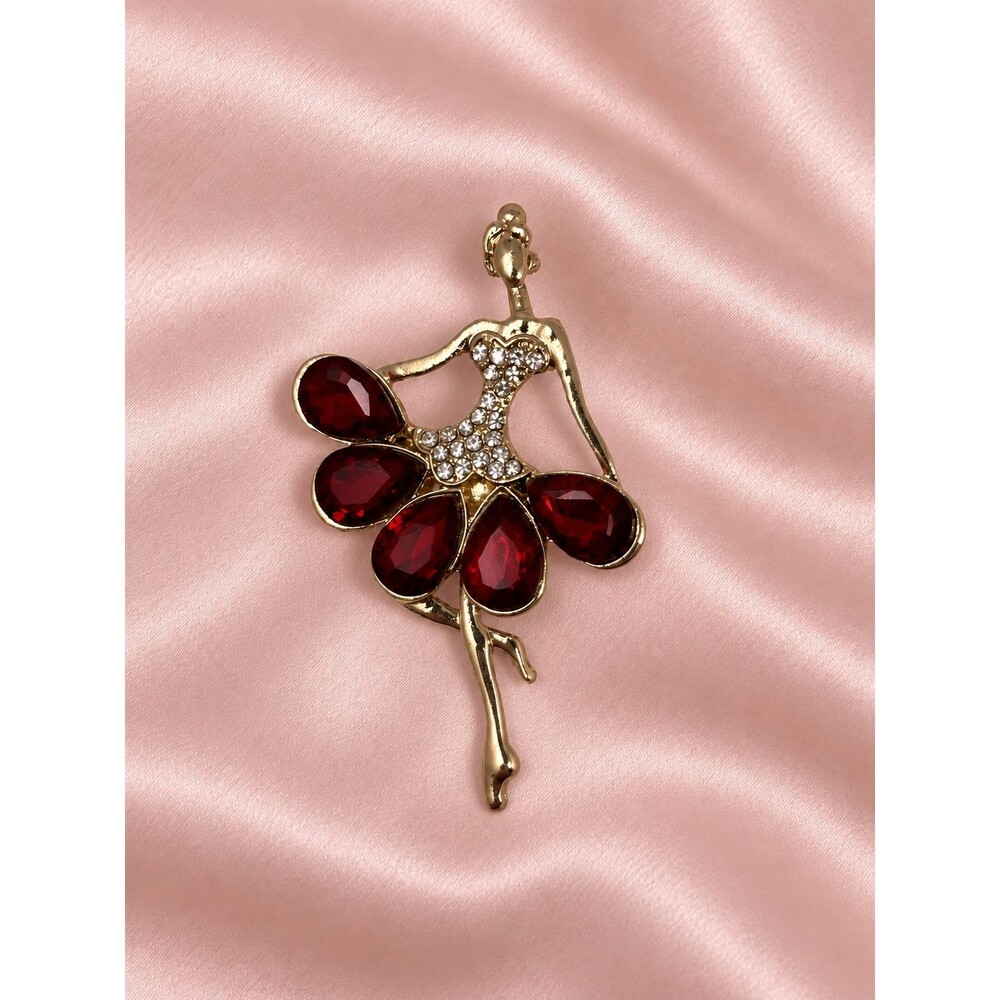 Ballerina Dancer Brooch Pin Gold Tone Red Teardrop Rhinestone Skirt Unbranded